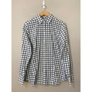 HINSON WU Geometric Print Button Up Shirt Women Size 16 Long Sleeve White Navy